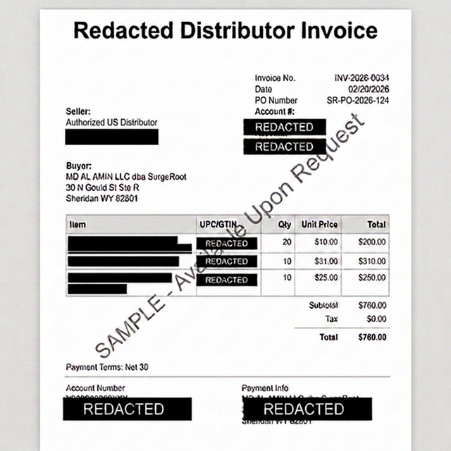 Redacted distributor invoice showing purchase of branded units. Full invoice documentation available upon request.