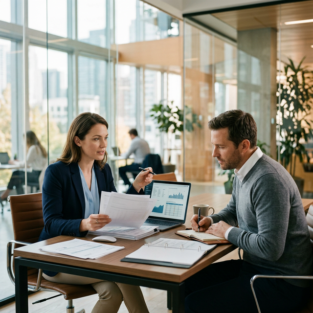 Professional buyer-supplier meeting reviewing purchase documentation