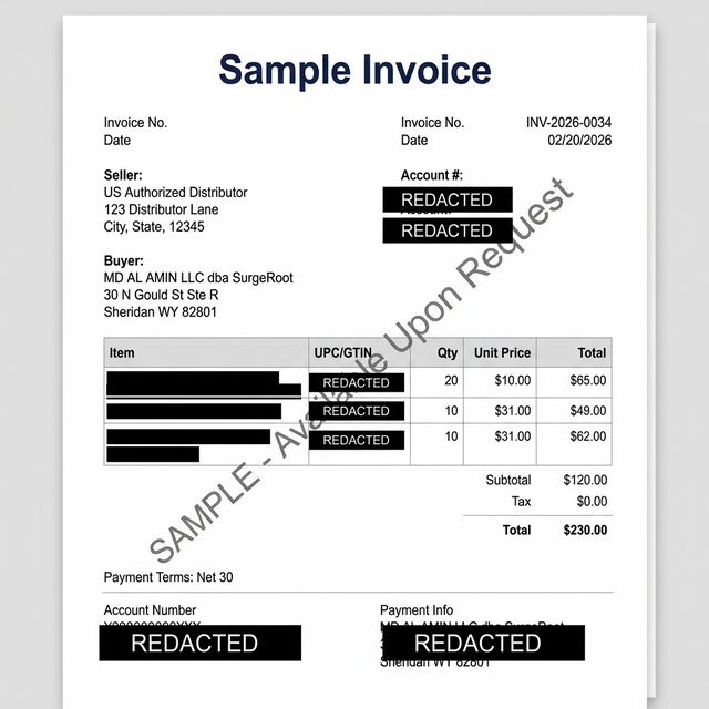 Redacted distributor invoice showing purchase of branded units. Full invoice documentation available upon request.